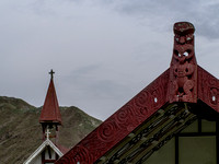 Steeple and Tekoteko, Poutama and Pepara Church, Koriniti Marae, Whanganui River, New